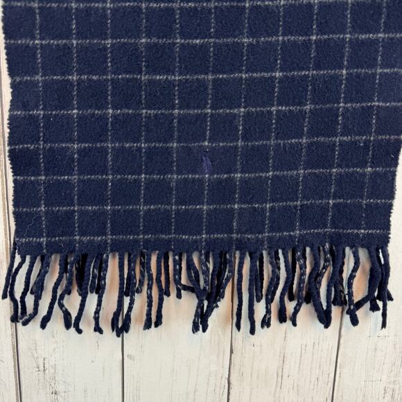 VTG 90's Polo Ralph Lauren Navy Blue Windowpane Plaid Lambswool Fringe Scarf - Picture 2 of 11